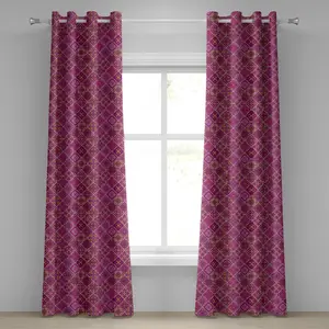 Штора на люверсах ABAKUHAUS марокканская, клетчатый узор в античном стиле с абстрактными розовыми мотивами, декоративная, двухпанельная, 280 см x 225 см, пурпурный, фиолетовый, бархатцы