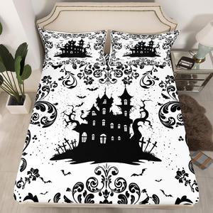 Erosebridal Готический комплект постельного белья Halloween Castle Decor с дамасским цветочным принтом в черно-белых тонах, Black and White
