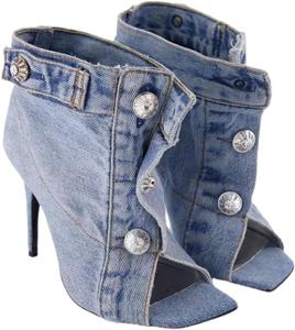 Женские ботильоны из денима с открытым носком на шпильке, заклепками и металлическими пуговицами, сандалии из денима для женщин Generic, Sky Blue