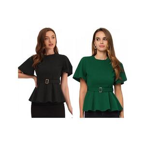 2 упаковки блузки с баской для женщин круглый вырез рукав колокол пояс талия офисная блуза Inspire Chic, Green Black