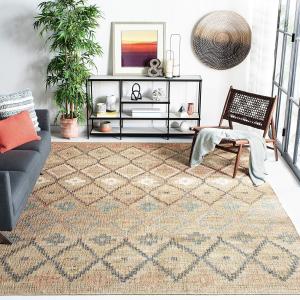 SAFAVIEH Kilim Collection ковер, 366 x 458 см, Natural & Blue, ручной работы марокканский бохо из джута и хлопка, идеален для помещений с высокой проходимостью в гостиной, спальне (KLM753A)
