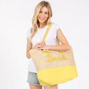 Пляжная сумка-тоут с вышитой надписью «Пляж», ручкой из веревки, связанная крючком из ткани Fashnzfab