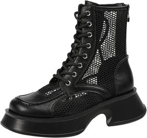 Женские боевые ботинки TNXZ с шнуровкой и внутренней молнией, полусапожки до середины голени для женщин, дышащие сетчатые ботинки с квадратным носком, Black