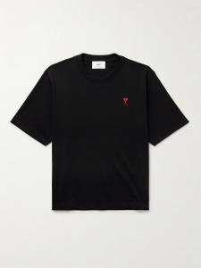 Футболка из органического хлопкового джерси с вышитым логотипом AMI PARIS, черный