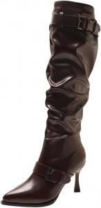 Женские сапоги до середины голени с острым носком, тонкой подошвой, шпилькой и складками Generic, 1