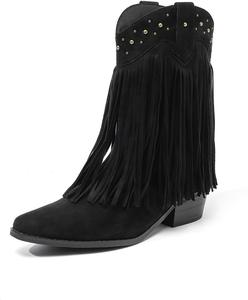 Женские ковбойские сапоги Amoji Western, сапоги средней длины для ковбойши, модель D307, Blacktassels