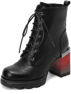 Женские ботильоны на шнуровке с рифленой подошвой, квадратным носком, высоким массивным каблуком, зимние боевые ботинки, прочная классическая обувь JMdfcqer, Black