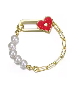 Детский браслет из 14-каратного золота с жемчугом и эмалевой застежкой в форме сердца Gigigirl, red