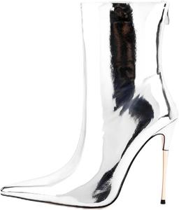 LINMUYOUJIA Женские модные металлические темно-зеленые ботинки с острым носком, высокие ботильоны на шпильке, праздничные туфли с задней молнией, острый носок, фиолетовые, золотые и серебряные каблуки