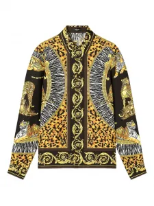 Шелковая рубашка с принтом «Дикие кошки» VERSACE, черный