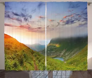 Штора ABAKUHAUS Mountain Rustic, Восход солнца и облака, универсальная ленточная штора для гостиной с петлями и крючками, 280 x 245 см, цвет: оранжевый, зеленый, синий Abakuhaus