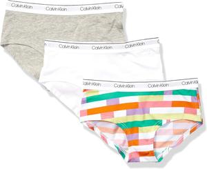 Нижнее белье Calvin Klein для девочек, современное, хлопковое, хипстерское, упаковка, Ck Fragment Print, White, Heather Grey - 3 Pack