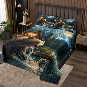Erosebridal Комплект постельного белья Bear с тематикой леса и рыбалки для детей, зеленый стеганый, Brown Green