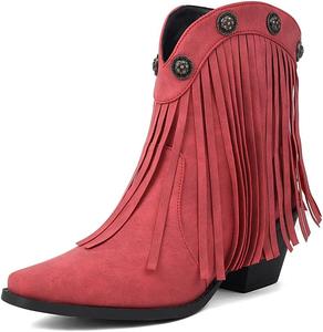 Женские западные ковбойские ботильоны с бахромой, ретро с квадратным носком, массивным каблуком и кисточками, короткие ковбойские ботинки JOEUSTY, Red