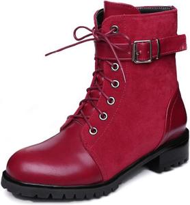 Женские ботильоны VOKLIN с круглым носком, шнуровкой, низким каблуком, пряжкой и молнией, стильные западные короткие ботинки, Red-Velvet Lined