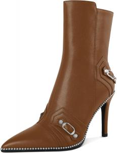 Женские ботильоны AUMOTED с острым носком, боковой молнией, шпилькой и пряжкой на щиколотке, сексуальные полусапожки средней высоты с каблуком 3,7 дюйма и декоративными бусинами