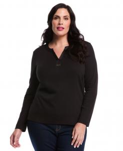 Топ больших размеров с тканой отделкой, V-образным вырезом и длинными рукавами Rafaella, Black