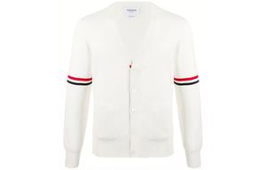 Трехцветный кардиган с V-образным вырезом и 4 планками THOM BROWNE, белый