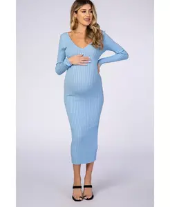 Платье макси светло-голубого цвета с V-образным вырезом и длинными рукавами для беременных Pinkblush, синий