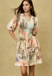 Платье-Мини для дневного выхода с пышными рукавами и сборками, облегающего кроя. Next, Patched Print