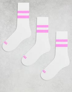 4505 3 пары беговых носков с двумя полосками, эластичной поддержкой свода стопы и антибактериальной отделкой, белые с неоново-розовой полосой