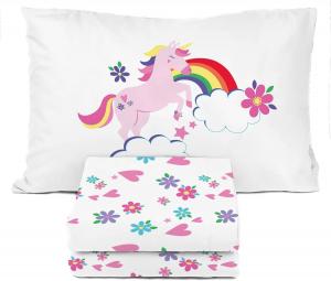 Комплект постельного белья для малышей «Радужные единороги» (солнечная сторона вверх) - 3 предмета, включая наволочку - очень мягкие простыни из микрофибры с цветочным узором и сердечками, белый Sunny Side Up
