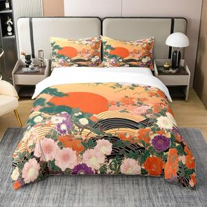 Erosebridal Комплект постельного белья из 100% хлопка с японским цветением сакуры в стиле бохо и восточными океанскими волнами, Multi 27