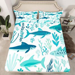 Erosebridal Комплект постельного белья Kids Shark с морскими животными и водорослями в бело-синих тонах, Multi 04