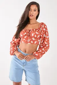 Топ с длинными рукавами и объемными рукавами с цветочным принтом Pink Vanilla, оранжевый