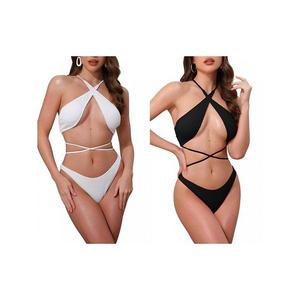 2 комплекта женского купальника с перекрестными лямками и ребристым трикотажем, топ и треугольные трусики Inspire Chic, Black White
