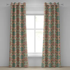 Мексиканская штора на люверсах ABAKUHAUS, винтажная, пастельные тона, геометрическая композиция, американские мотивы, декоративные двухпанельные шторы, 280 см x 245 см, цвет морской волны, темно-коралловый Abakuhaus