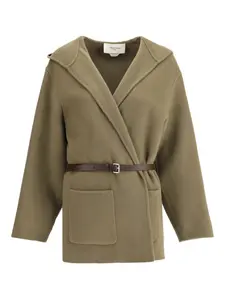 Шерстяное пальто-бушлат с капюшоном и поясом из двух тканей JACOB COHEN, нейтральный