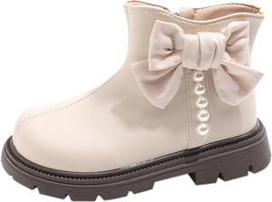Детские флисовые нескользящие ботинки до щиколотки с жемчужным бантом, пушистой подкладкой, уютные боевые снежные ботиночки, модные кожаные походные ботинки Generic, Beige