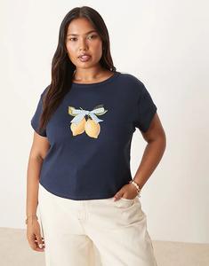 Детская футболка ASOS DESIGN Curve с принтом лимона в клетку гингем, темно-синего цвета Asos Curve