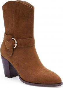 Женские замшевые ботильоны с пряжкой в западном стиле, ковбойские ботинки для девушек-ковбоев, ботильоны с устойчивым каблуком и закругленным носком Beast Fashion, Brown