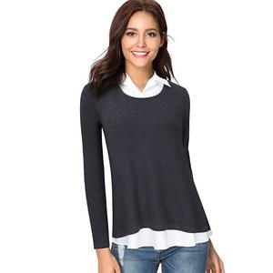 Женская блуза с контрастным воротником и длинным рукавом Clearflower, Dark Gray