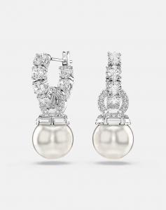 Серьги-подвески Matrix, кристальный жемчуг, круглая огранка, белый цвет, родиевое покрытие белого цвета Swarovski