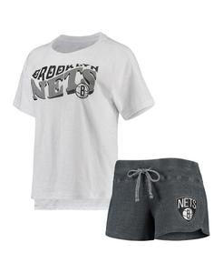 Женский темно-серый, белый комплект для сна с футболкой и шортами Brooklyn Nets Resurgence Slub Burnout реглан Concepts Sport