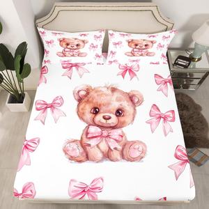 Erosebridal Комплект постельного белья Kawaii Bear с милыми медведями и бантами в розовых тонах, Pink White Grey