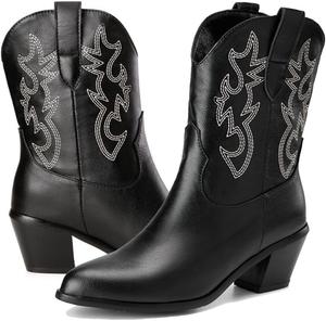 Женские ковбойские сапоги Alyaafifa Mid Claf Western с вышивкой, массивным блочным каблуком, заостренным закрытым носком и удобным верхом для езды, Black