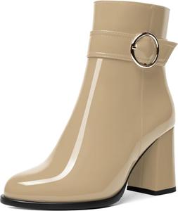 Женские ботильоны NUMALEO из лакированной кожи с повседневной молнией, для свиданий, с ремешком на щиколотке, круглым носком, пряжкой, массивным каблуком 3,3 дюйма, Beige