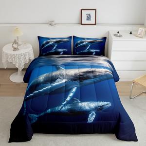 Erosebridal Комплект постельного белья 3D Whale с принтом китов в синем цвете, морская тематика, Navy