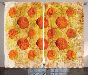 Оранжевая штора ABAKUHAUS в деревенском стиле, с рисунком гранж-роз, универсальные ленточные шторы для гостиной с петлями и крючками, 280 x 225 см, цвет: оранжевый и бежевый Abakuhaus