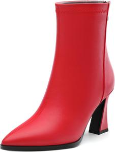 Женские ботильоны, сзади на молнии, заостренный носок, короткие сапоги, модные однотонные ботильоны на высоком каблуке для вечеринок, офиса и свиданий RLYGHWAO, Red Matte