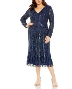 Платье Plus с длинными рукавами и декоративными элементами Mac Duggal, синий