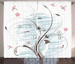 Штора ABAKUHAUS Стрекоза в деревенском стиле, с бутонами цветов в стиле гранж, универсальная ленточная штора для гостиной с петлями и крючками, 280 x 175 см, нежно-розовый, коричневый, мятный Abakuhaus