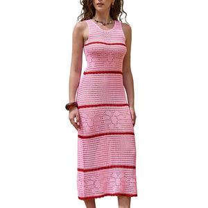 Кружевное платье-парео для женщин с полосками и ажурной вязкой, без рукавов, пляжное макси Inspire Chic, Pink Red