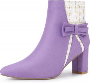 Женские твидовые ботильоны Allegra K с клетчатым узором, бантом и широким каблуком, Purple