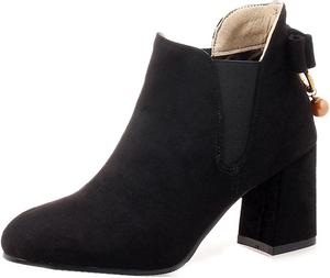 Женские ботильоны VOKLIN с круглым носком, с бантиком, на высоком толстом каблуке, элегантные короткие ботинки с эластичной вставкой, Black-Velvet Lined