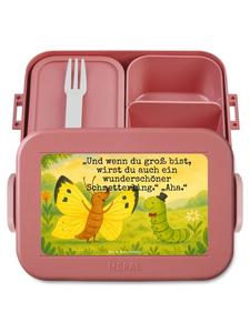 Mr. & Mrs. Panda Дизайн коробки для бенто в виде гусеницы и бабочки с надписью, выполненный пастельно-красным цветом